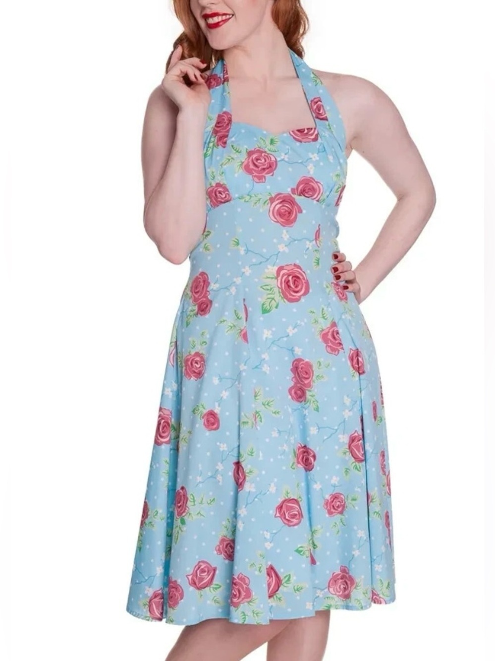 Hell Bunny Vixen Muriel Floral Swing Halter Rose Thorn Blue Gothic Midi Dress